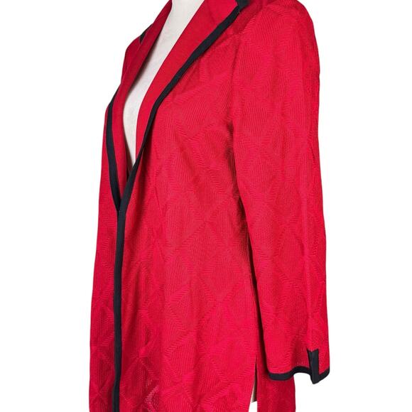 Ming Wang Red Geometric Diamond Knit Black Trim 3/4 Sleeve Cardigan Sweater - Picture 5 of 12